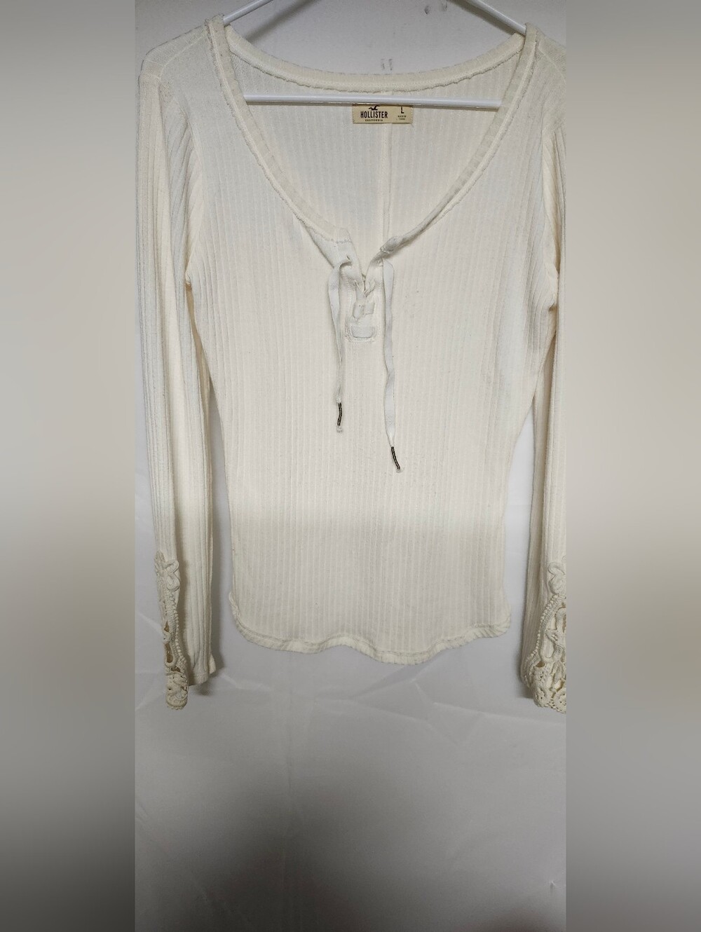 Hollister Ivory Ribbed Lace-Up Long Sleeve Top